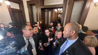 House Speaker Joe Tate (D-Detroit) answers reporters' questions about Whitmer's State of the State.